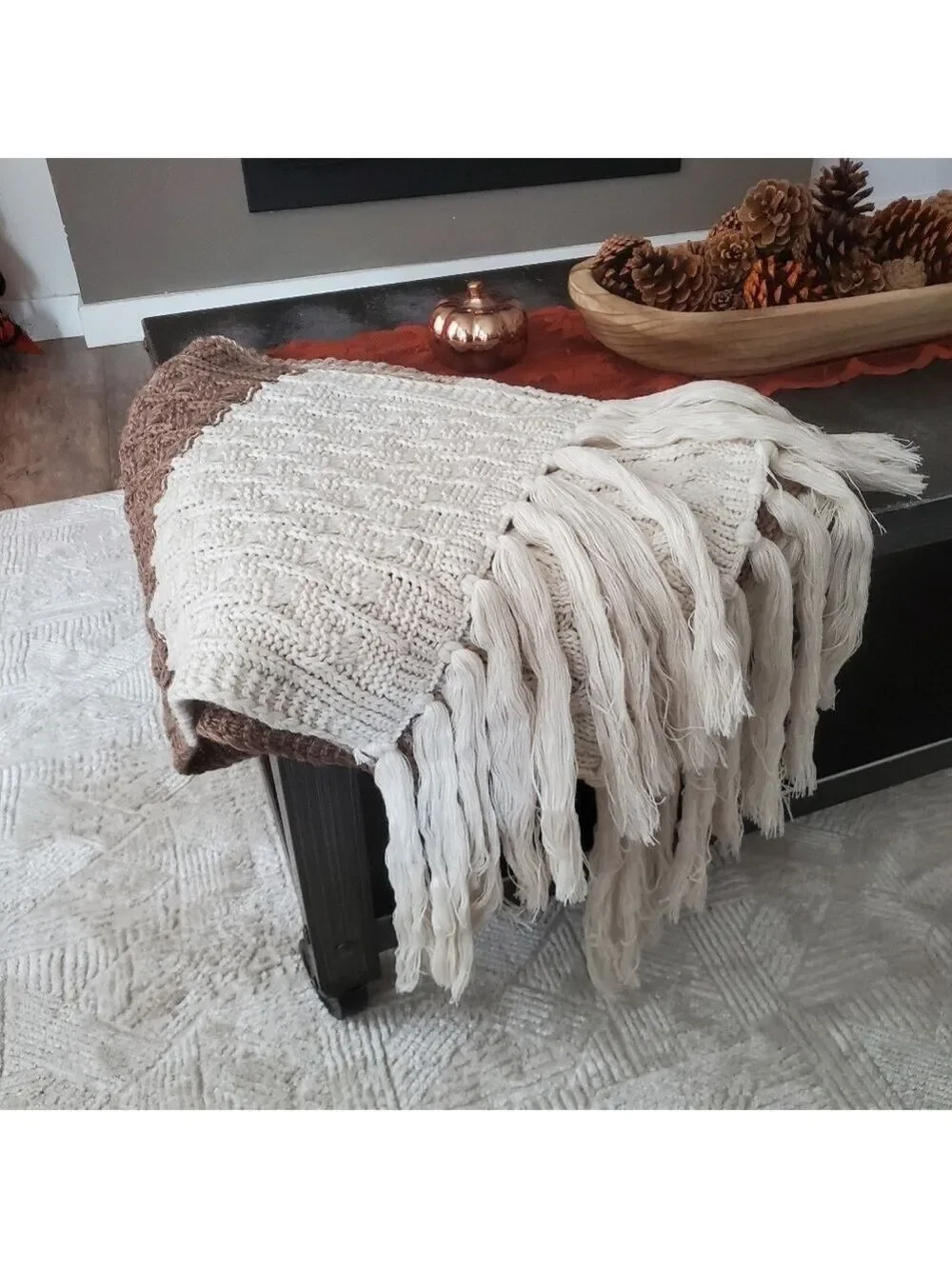 Treasure & Bond Cable Knit Scarf Or Accent Throw Cream Brown